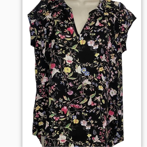 Anthropologie Pleione Shirt Blouse Sz M Multicolor Floral Short Sleeve V Neck - Picture 1 of 8
